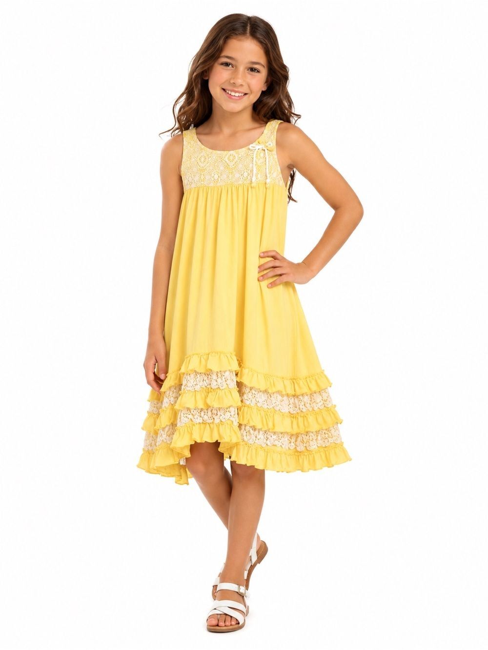 Isobella & Chloe Yellow Lace Hi Low Dress Girls Size 10 Ruffle EUC